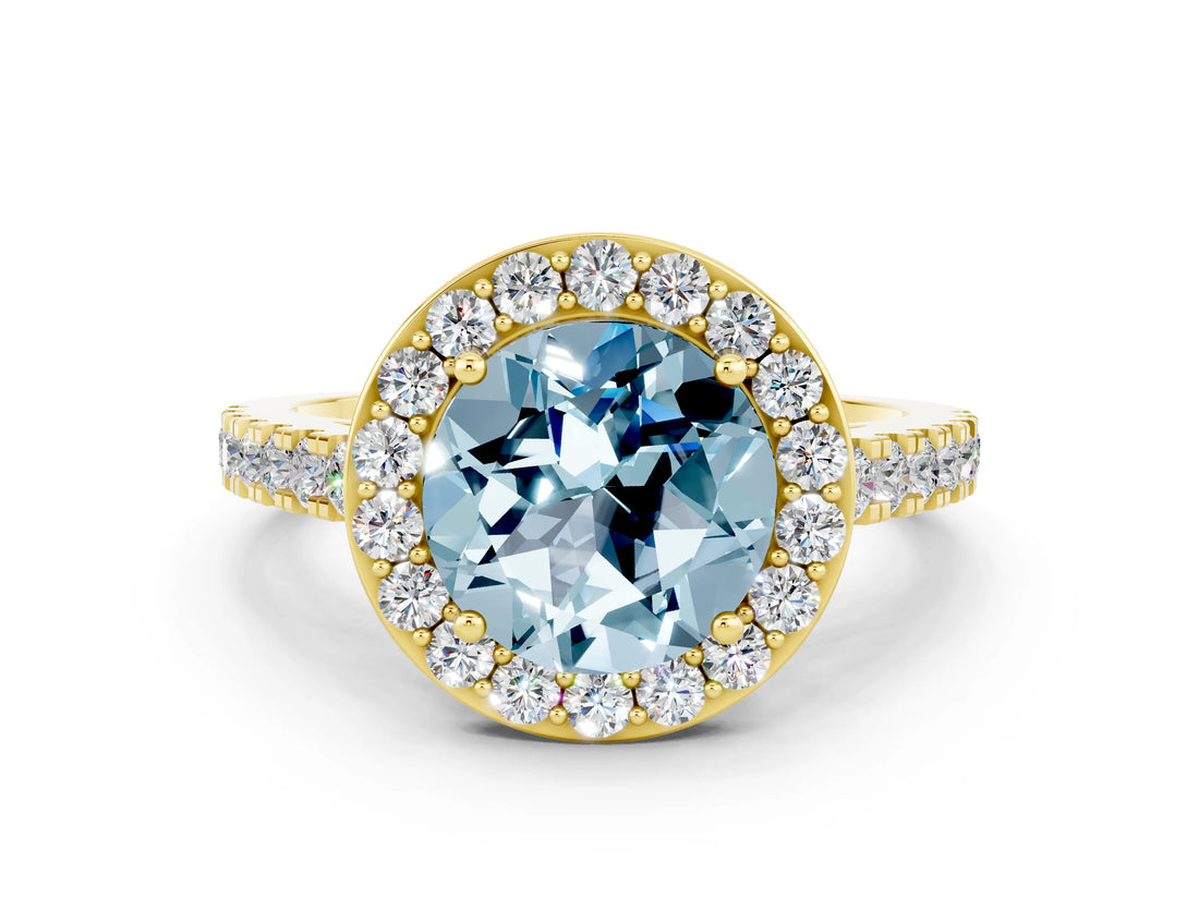 Yellow gold Round Cut Halo Diamond Ring with Pavé Band and Three-Prong Setting