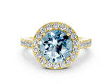 Yellow gold Round Cut Halo Diamond Ring with Pavé Band and Three-Prong Setting