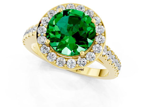 Yellow gold Round Cut Emerald Halo Ring with Round Pavé Split Shank and Prong Setting