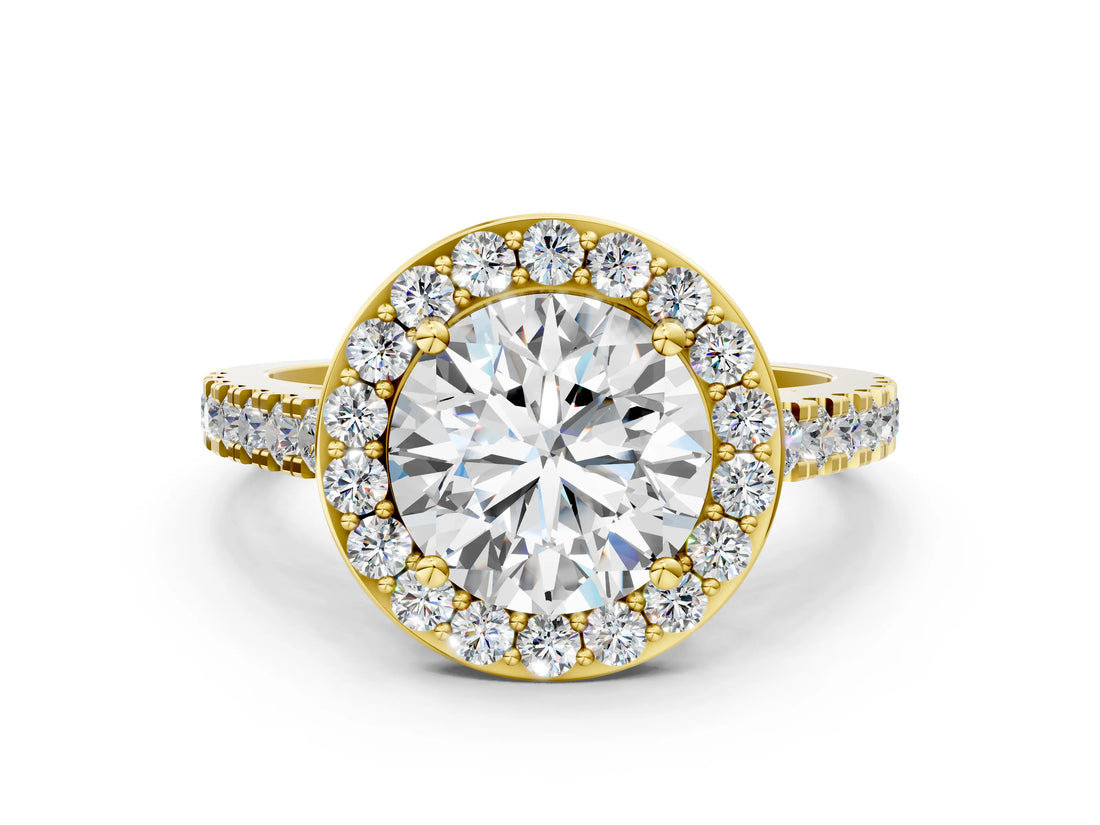Yellow gold Round Cut Halo Diamond Ring with Pavé Band and Three-Prong Setting_12
