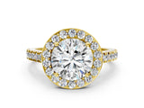 Yellow gold Round Cut Halo Diamond Ring with Pavé Band and Three-Prong Setting_12
