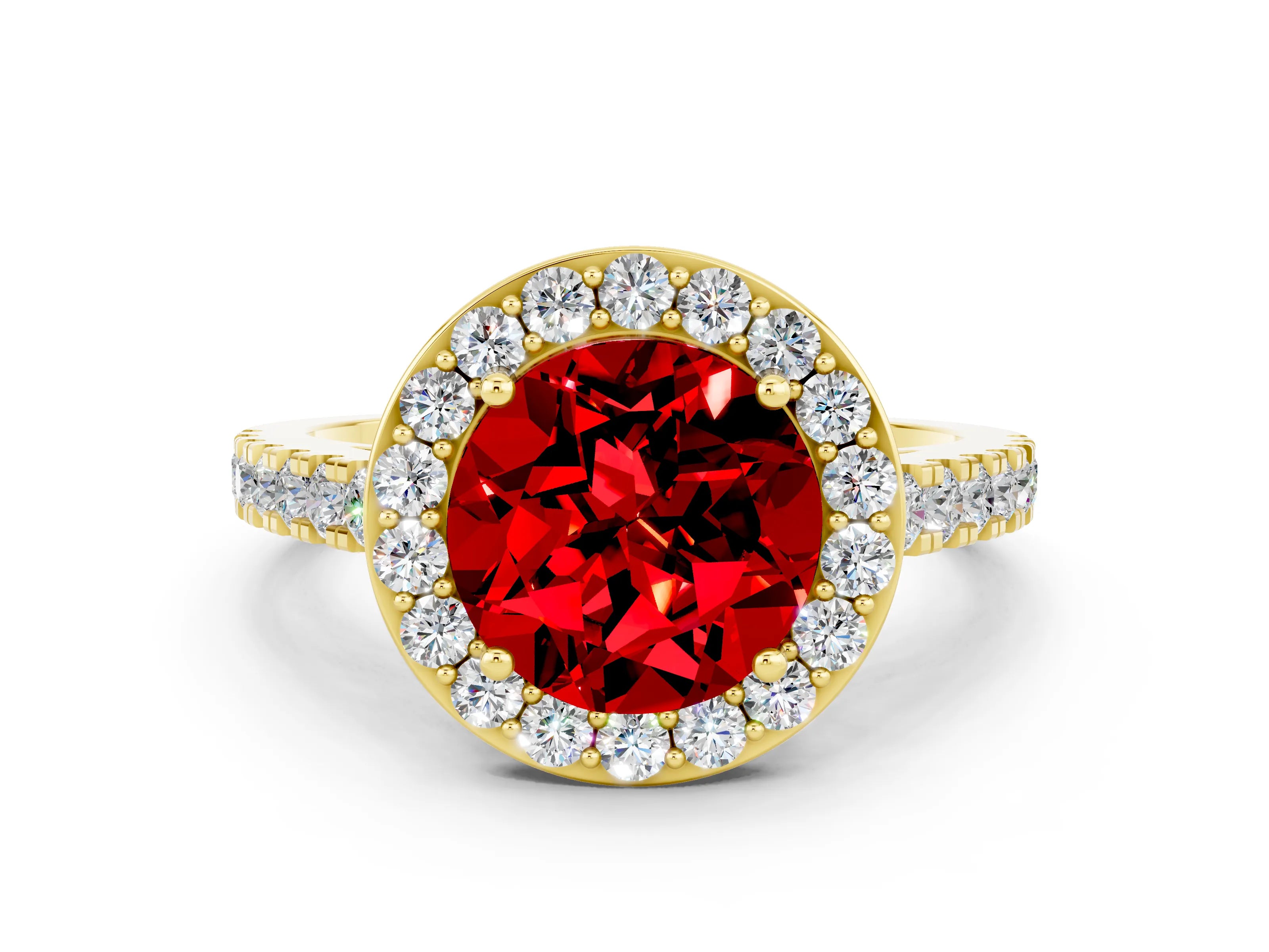 Yellow gold Round Cut Halo Diamond Ring with Pavé Band and Three-Prong Setting