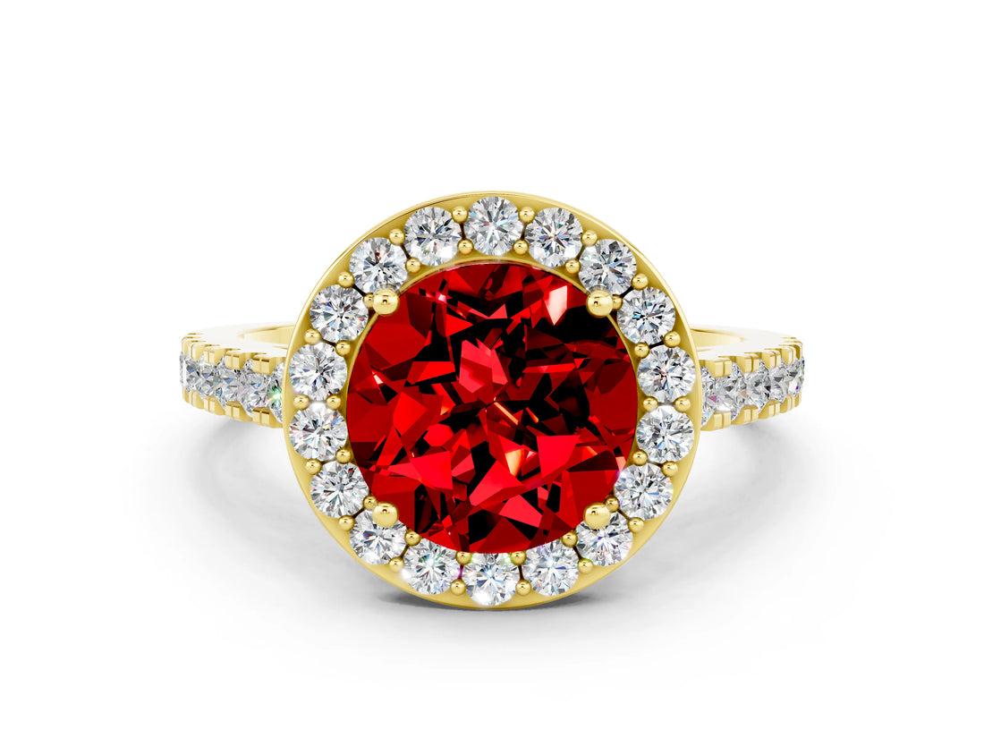 Yellow gold Round Cut Halo Diamond Ring with Pavé Band and Three-Prong Setting