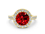 Yellow gold Round Cut Halo Diamond Ring with Pavé Band and Three-Prong Setting