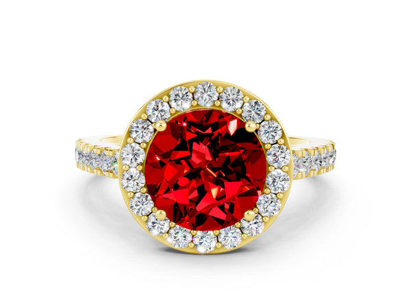 Yellow gold Round Cut Ruby Halo Ring with Round Pavé Split Shank and Prong Setting