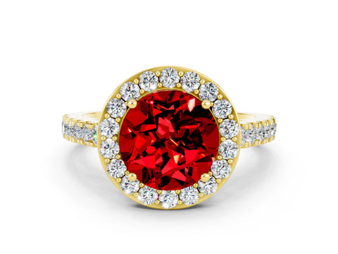 Yellow gold Round Cut Halo Diamond Ring with Pavé Band and Three-Prong Setting