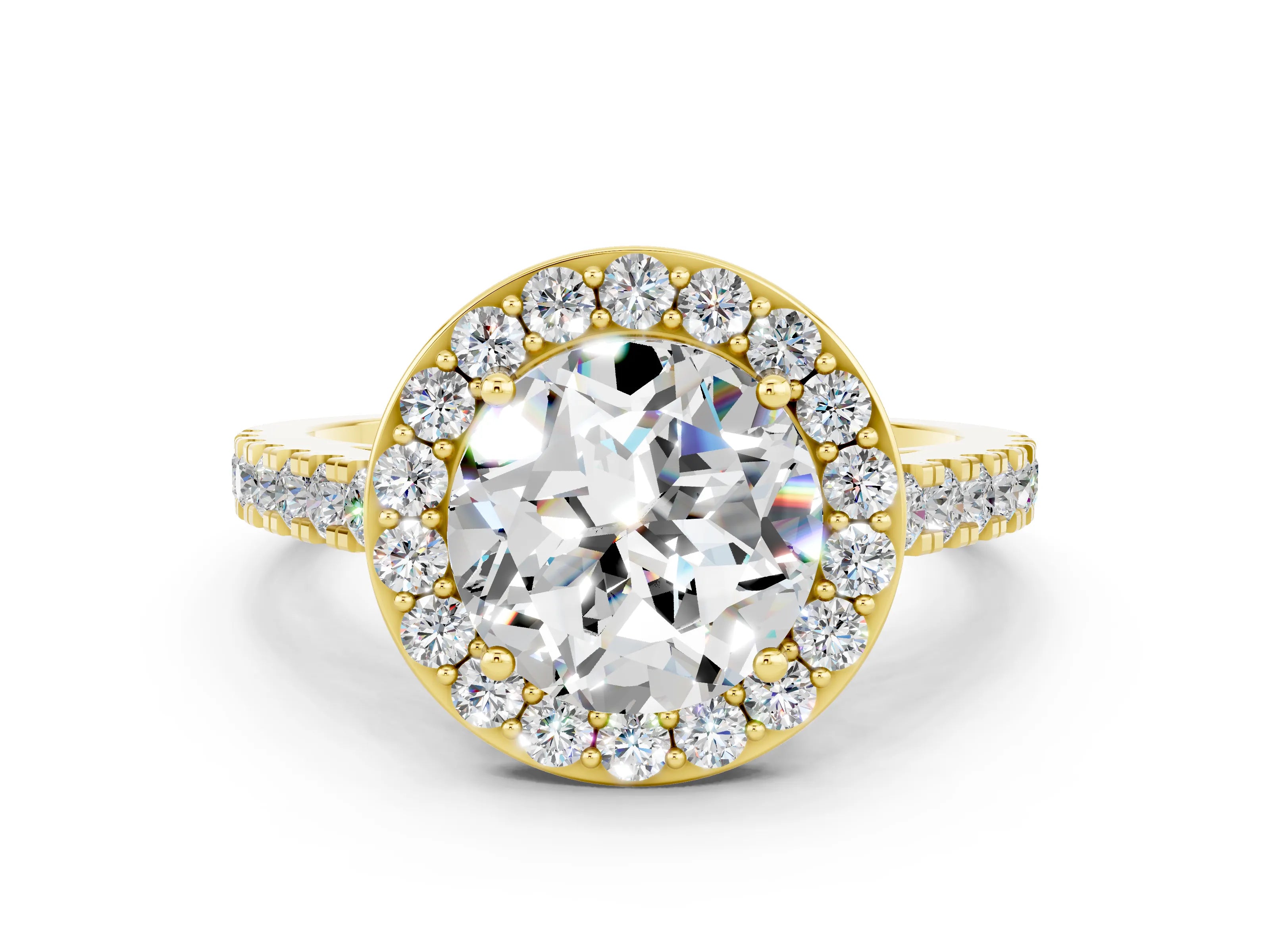Yellow gold Round Cut Halo Diamond Ring with Pavé Band and Three-Prong Setting