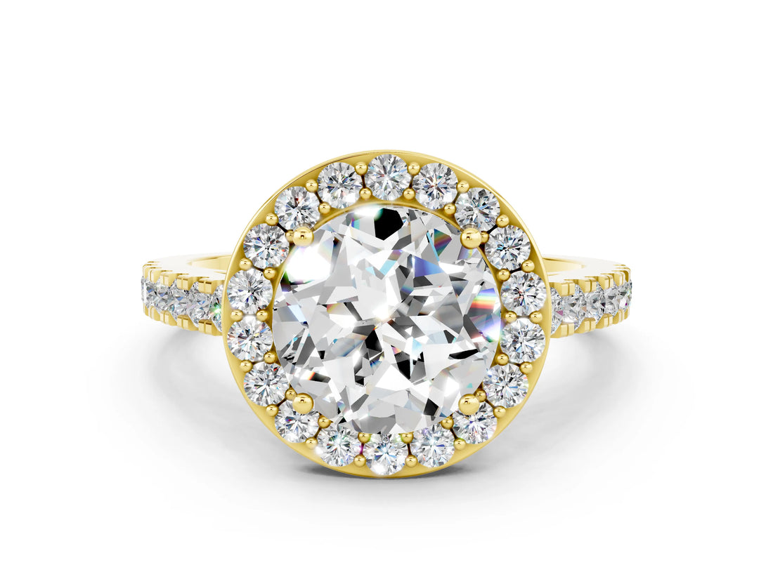 Yellow gold Round Cut Halo Diamond Ring with Pavé Band and Three-Prong Setting