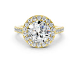 Yellow gold Round Cut Halo Diamond Ring with Pavé Band and Three-Prong Setting
