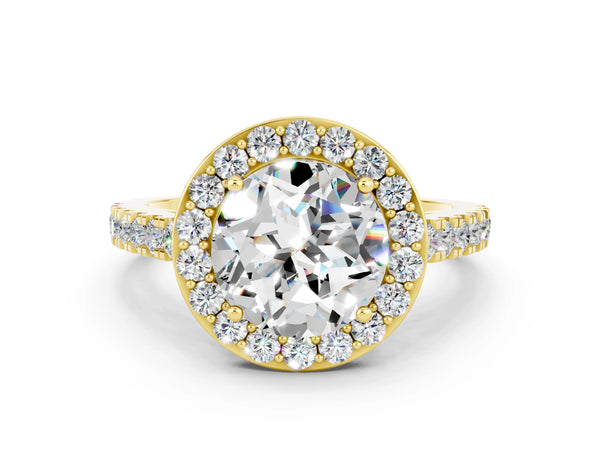 Yellow gold Round Cut Moissanite Halo Ring with Round Pavé Split Shank and Prong Setting