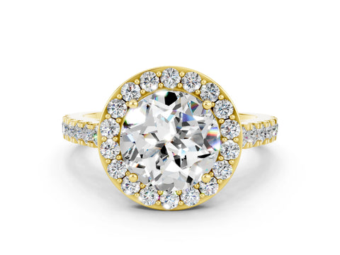 Yellow gold Round Cut Halo Diamond Ring with Pavé Band and Three-Prong Setting