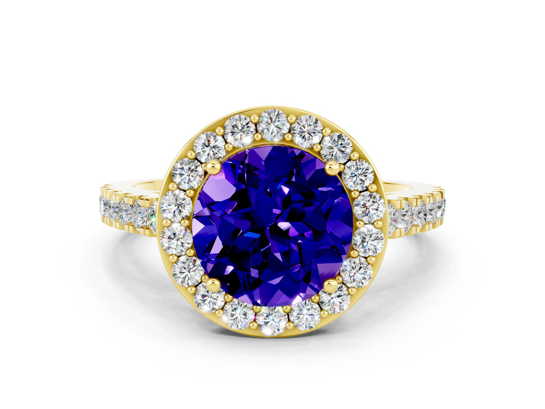 Yellow gold Round Cut Halo Diamond Ring with Pavé Band and Three-Prong Setting