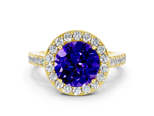 Yellow gold Round Cut Tanzanite Halo Ring with Round Pavé Split Shank and Prong Setting