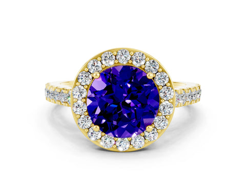Yellow gold Round Cut Halo Diamond Ring with Pavé Band and Three-Prong Setting