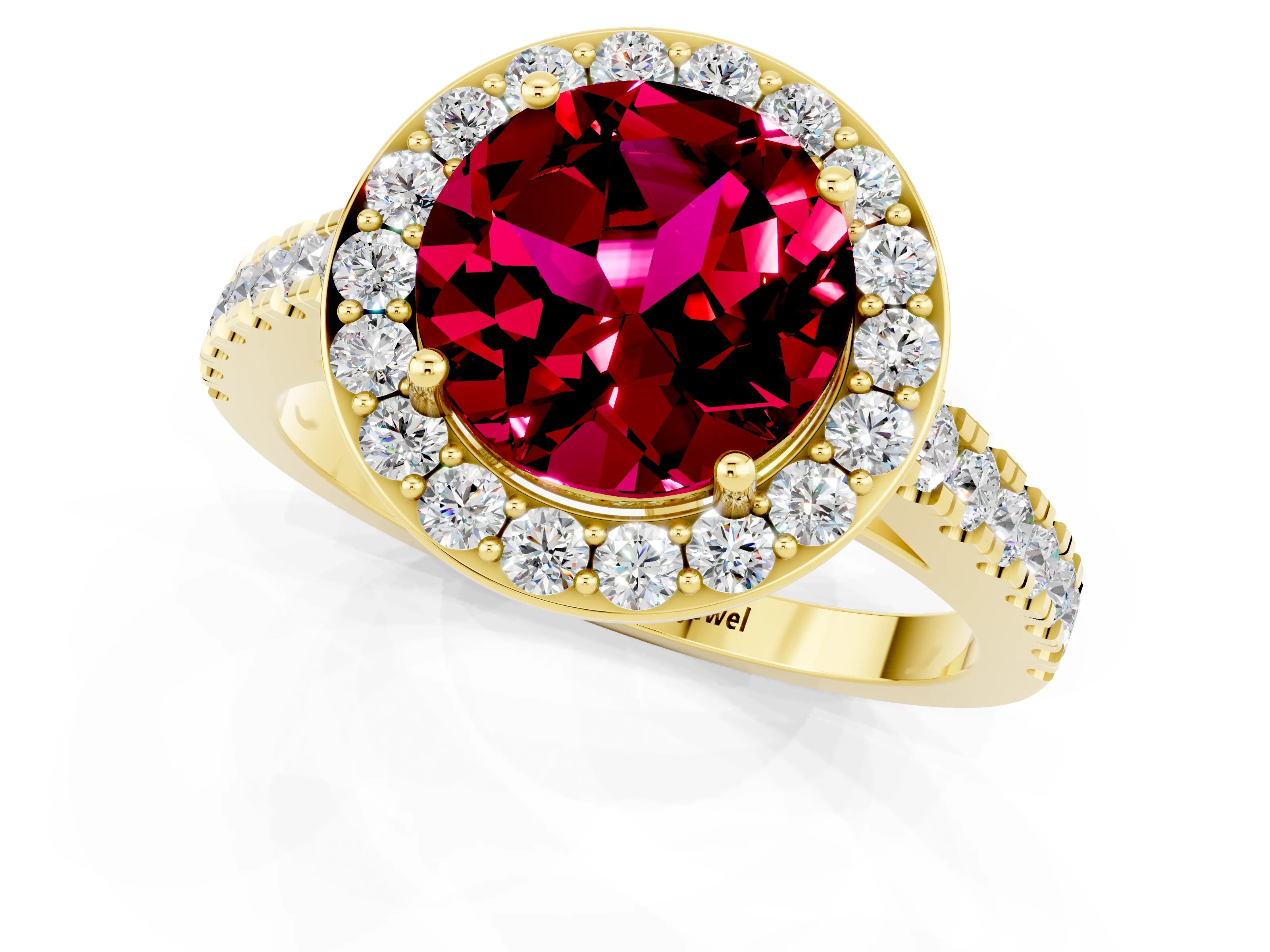 Yellow gold Round Cut Halo Diamond Ring with Pavé Band and Three-Prong Setting_1