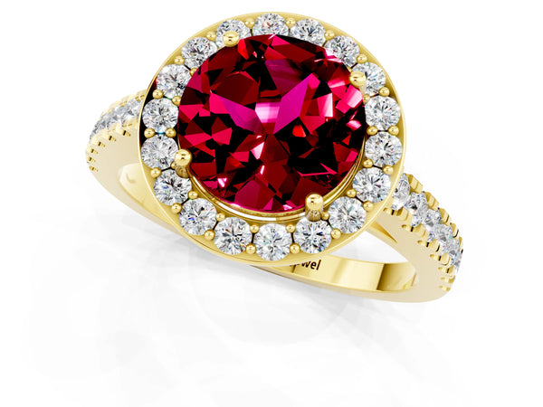 Yellow gold Round Cut Garnet Halo Ring with Round Pavé Split Shank and Prong Setting