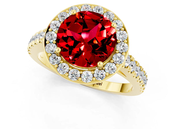 Yellow gold Round Cut Ruby Halo Ring with Round Pavé Split Shank and Prong Setting