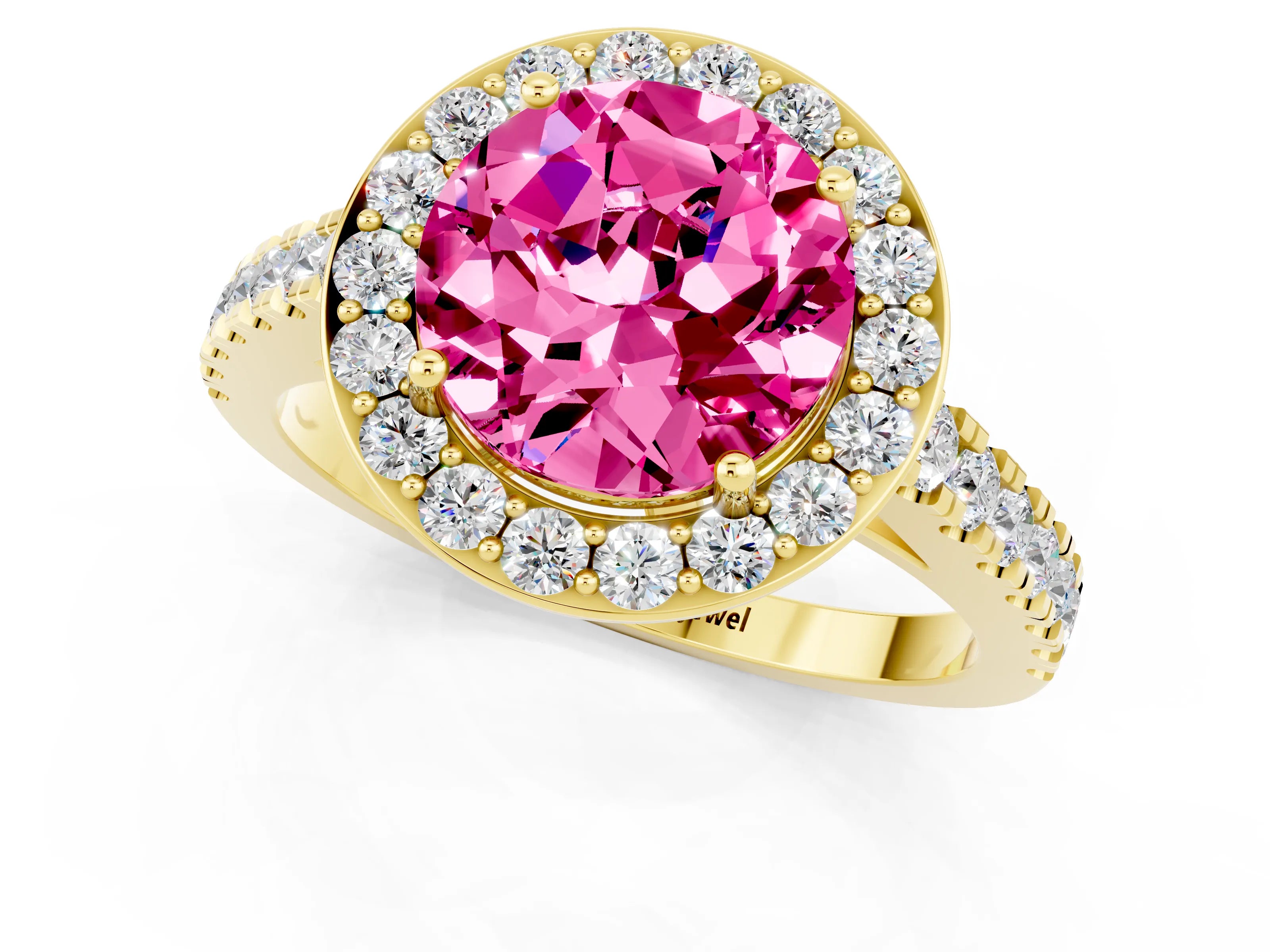 Yellow gold Round Cut Halo Diamond Ring with Pavé Band and Three-Prong Setting_1