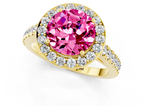 Yellow gold Round Cut Halo Diamond Ring with Pavé Band and Three-Prong Setting_1