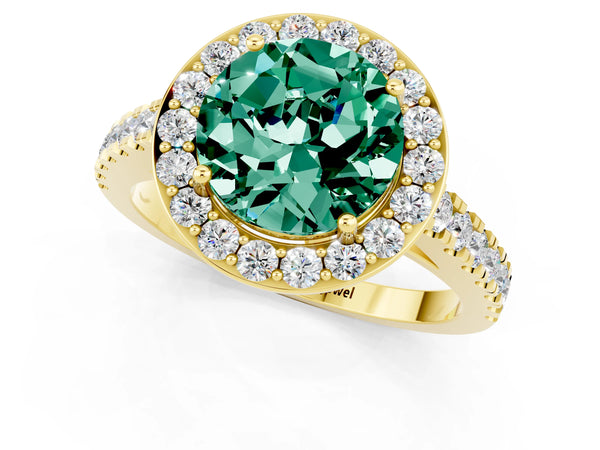 Yellow gold Round Cut Green Sapphire Halo Ring with Round Pavé Split Shank and Prong Setting