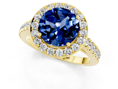 Yellow gold Round Cut Halo Diamond Ring with Pavé Band and Three-Prong Setting_1