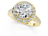 Yellow gold Round Cut Halo Diamond Ring with Pavé Band and Three-Prong Setting_1