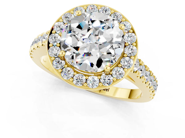 Yellow gold Round Cut Moissanite Halo Ring with Round Pavé Split Shank and Prong Setting