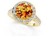 Yellow gold Round Cut Halo Diamond Ring with Pavé Band and Three-Prong Setting_1