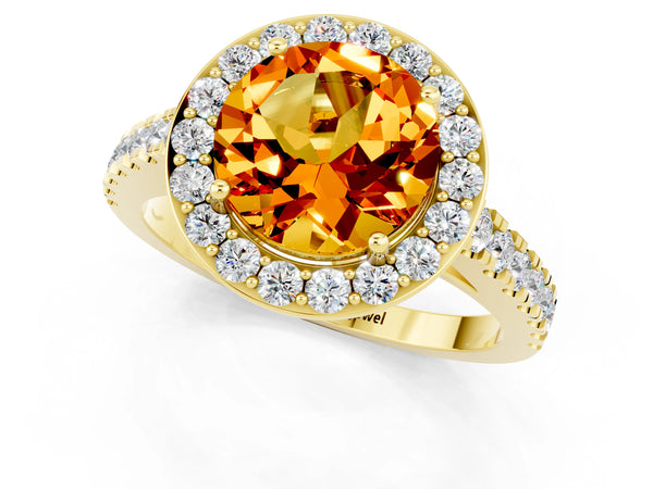 Yellow gold Round Cut Citrine Halo Ring with Round Pavé Split Shank and Prong Setting