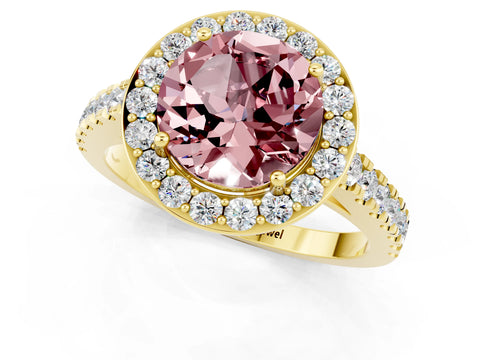 Yellow gold Round Cut Halo Diamond Ring with Pavé Band and Three-Prong Setting_1