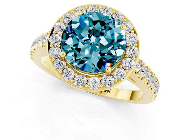 Yellow gold Round Cut Halo Diamond Ring with Pavé Band and Three-Prong Setting