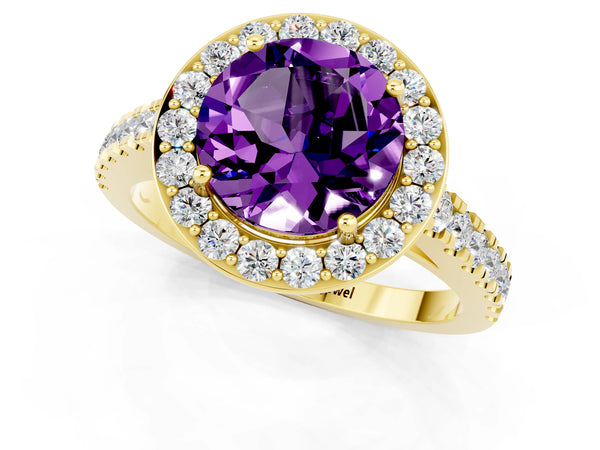 Yellow gold Round Cut Amethyst Halo Ring with Round Pavé Split Shank and Prong Setting