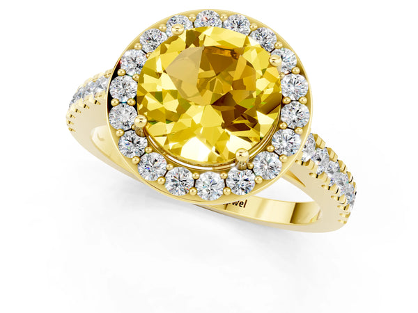 Yellow gold Round Cut Yellow Sapphire Halo Ring with Round Pavé Split Shank and Prong Setting