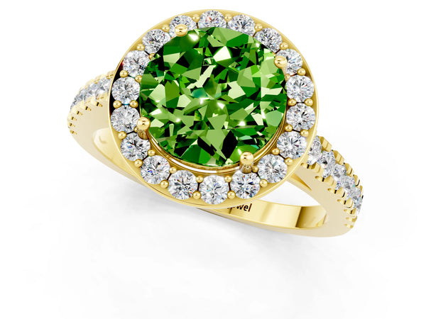 Yellow gold Round Cut Halo Diamond Ring with Pavé Band and Three-Prong Setting