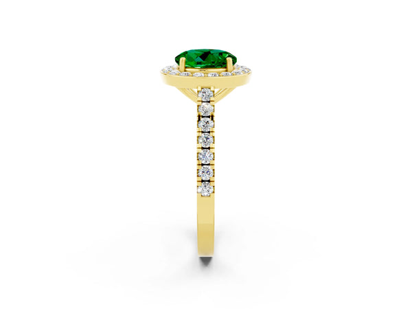 Yellow gold Round Cut Emerald Halo Ring with Round Pavé Split Shank and Prong Setting