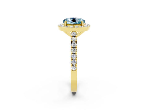 Yellow gold Round Cut Halo Diamond Ring with Pavé Band and Three-Prong Setting_2
