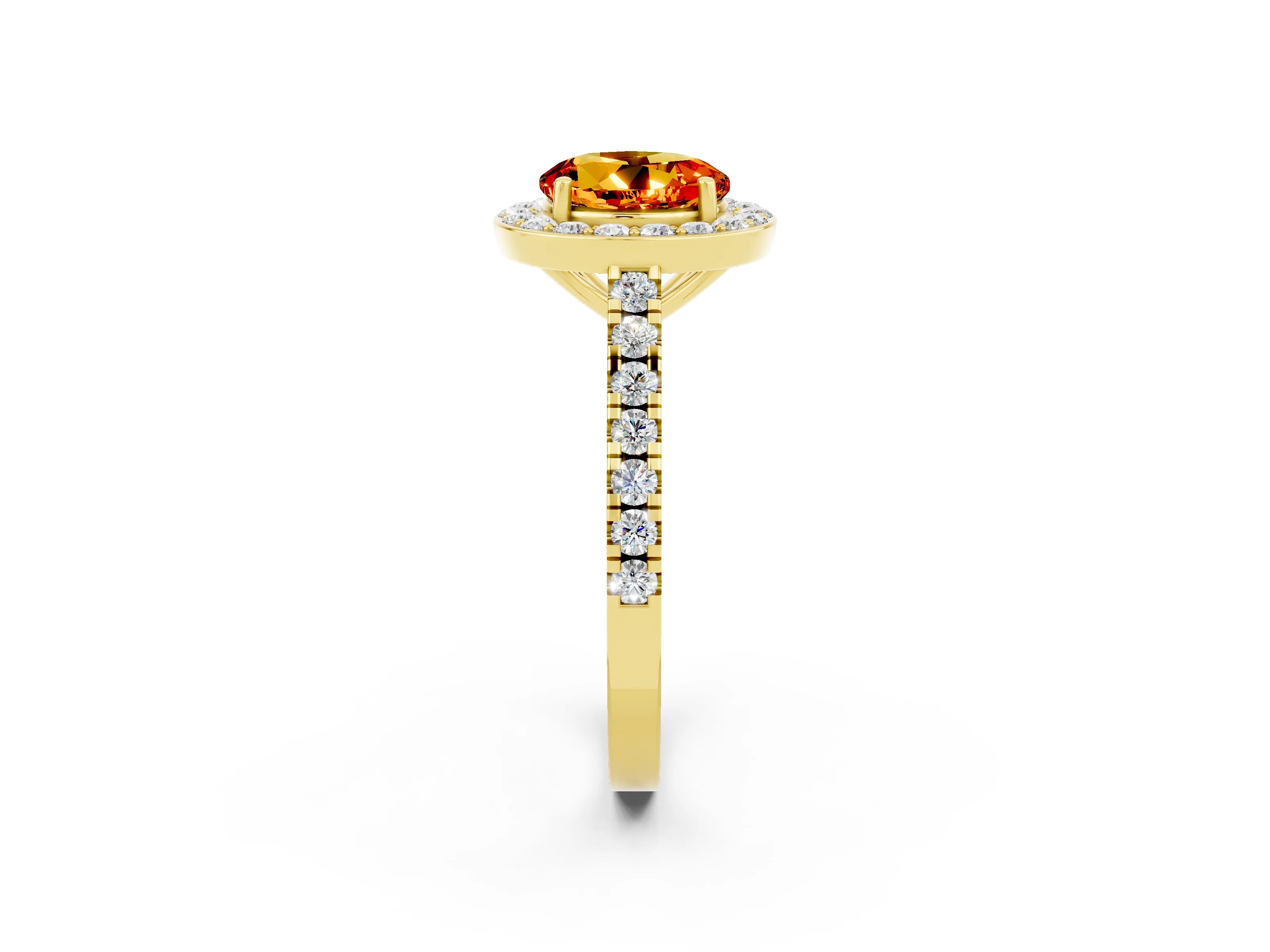 Yellow gold Round Cut Halo Diamond Ring with Pavé Band and Three-Prong Setting_2