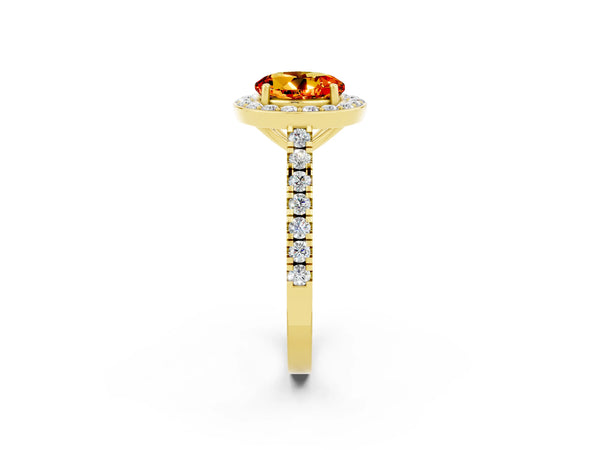 Yellow gold Round Cut Citrine Halo Ring with Round Pavé Split Shank and Prong Setting