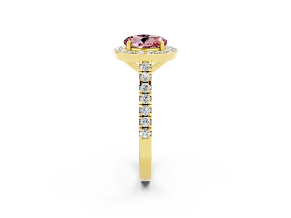 Yellow gold Round Cut Halo Diamond Ring with Pavé Band and Three-Prong Setting