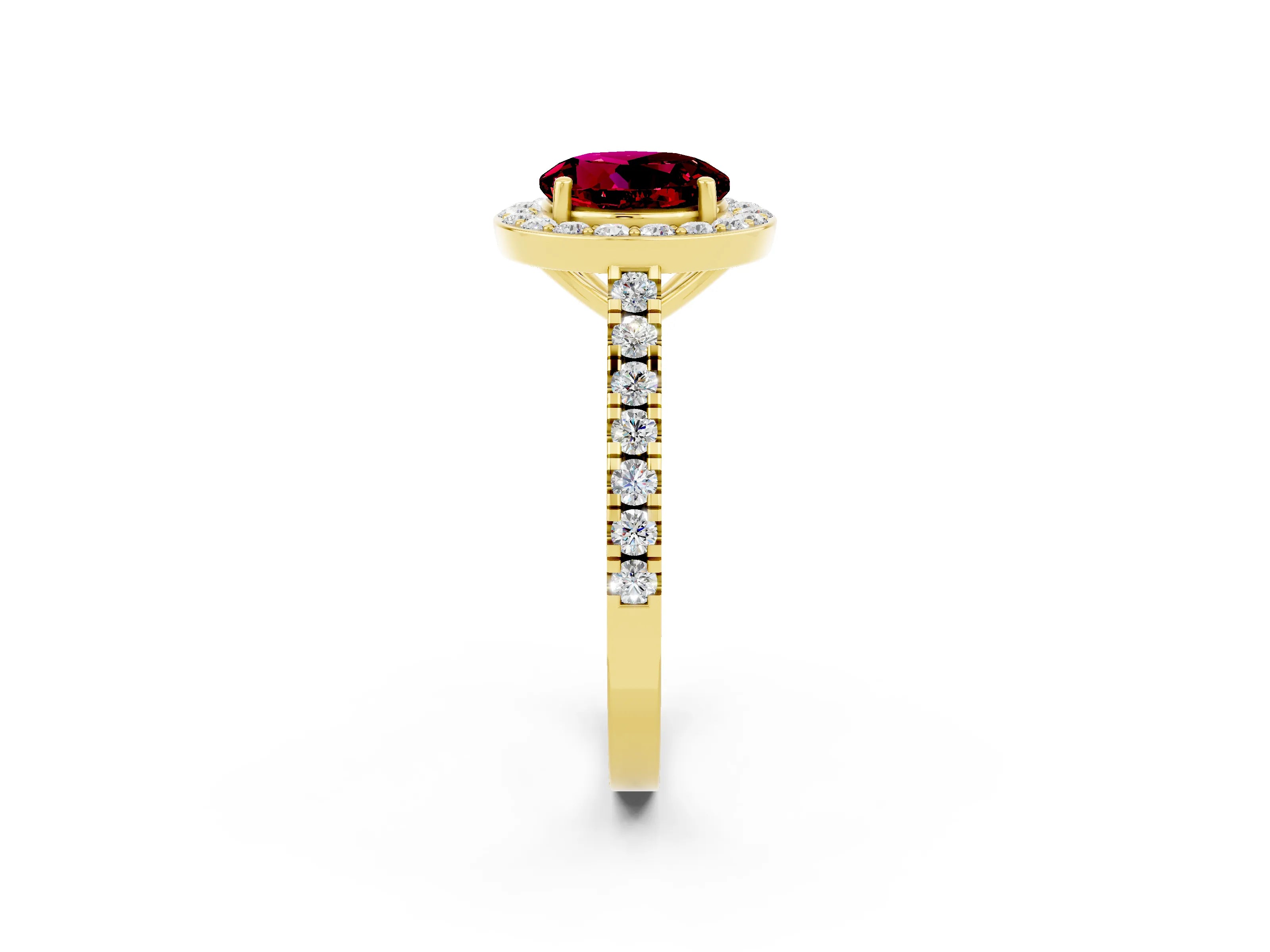 Yellow gold Round Cut Halo Diamond Ring with Pavé Band and Three-Prong Setting_2