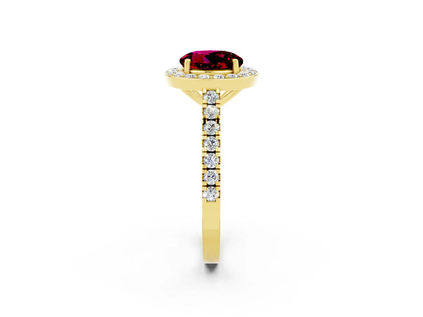 Yellow gold Round Cut Garnet Halo Ring with Round Pavé Split Shank and Prong Setting