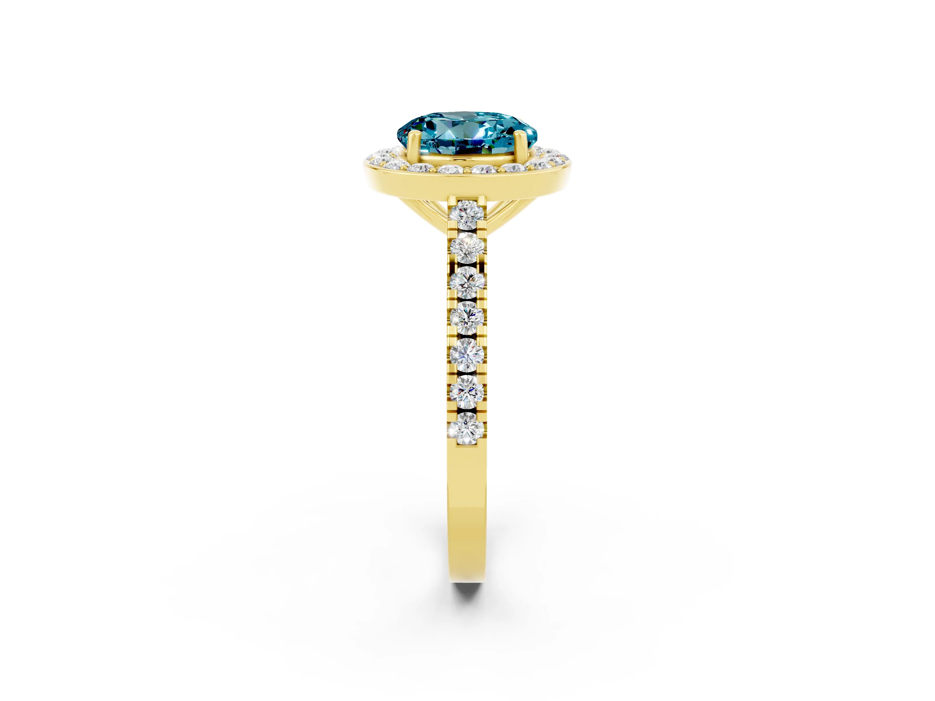 Yellow gold Round Cut Halo Diamond Ring with Pavé Band and Three-Prong Setting_2