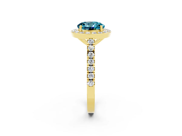 Yellow gold Round Cut Halo Diamond Ring with Pavé Band and Three-Prong Setting