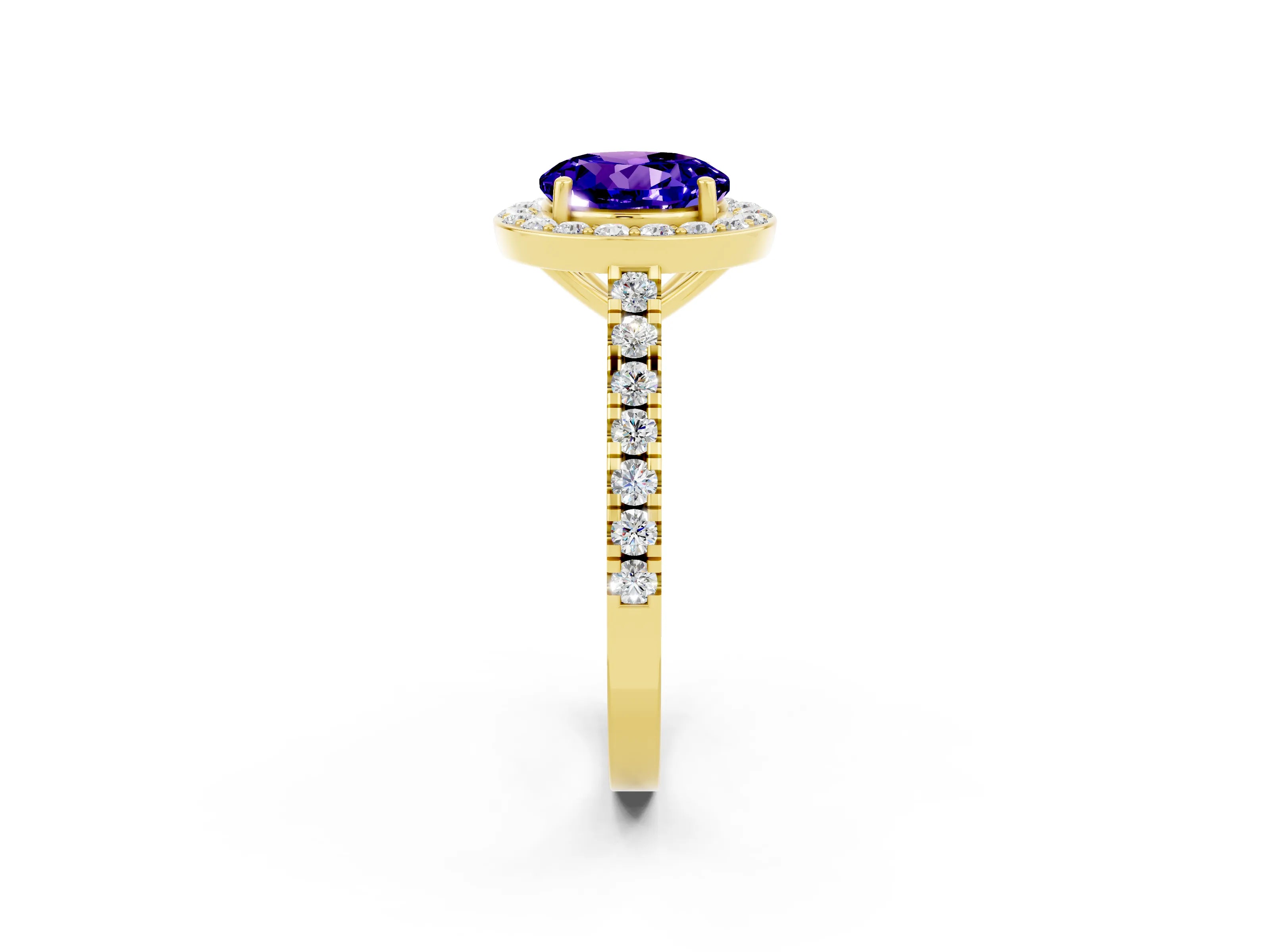 Yellow gold Round Cut Halo Diamond Ring with Pavé Band and Three-Prong Setting_2