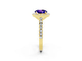 Yellow gold Round Cut Halo Diamond Ring with Pavé Band and Three-Prong Setting_2