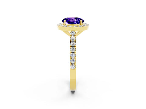 Yellow gold Round Cut Halo Diamond Ring with Pavé Band and Three-Prong Setting_2