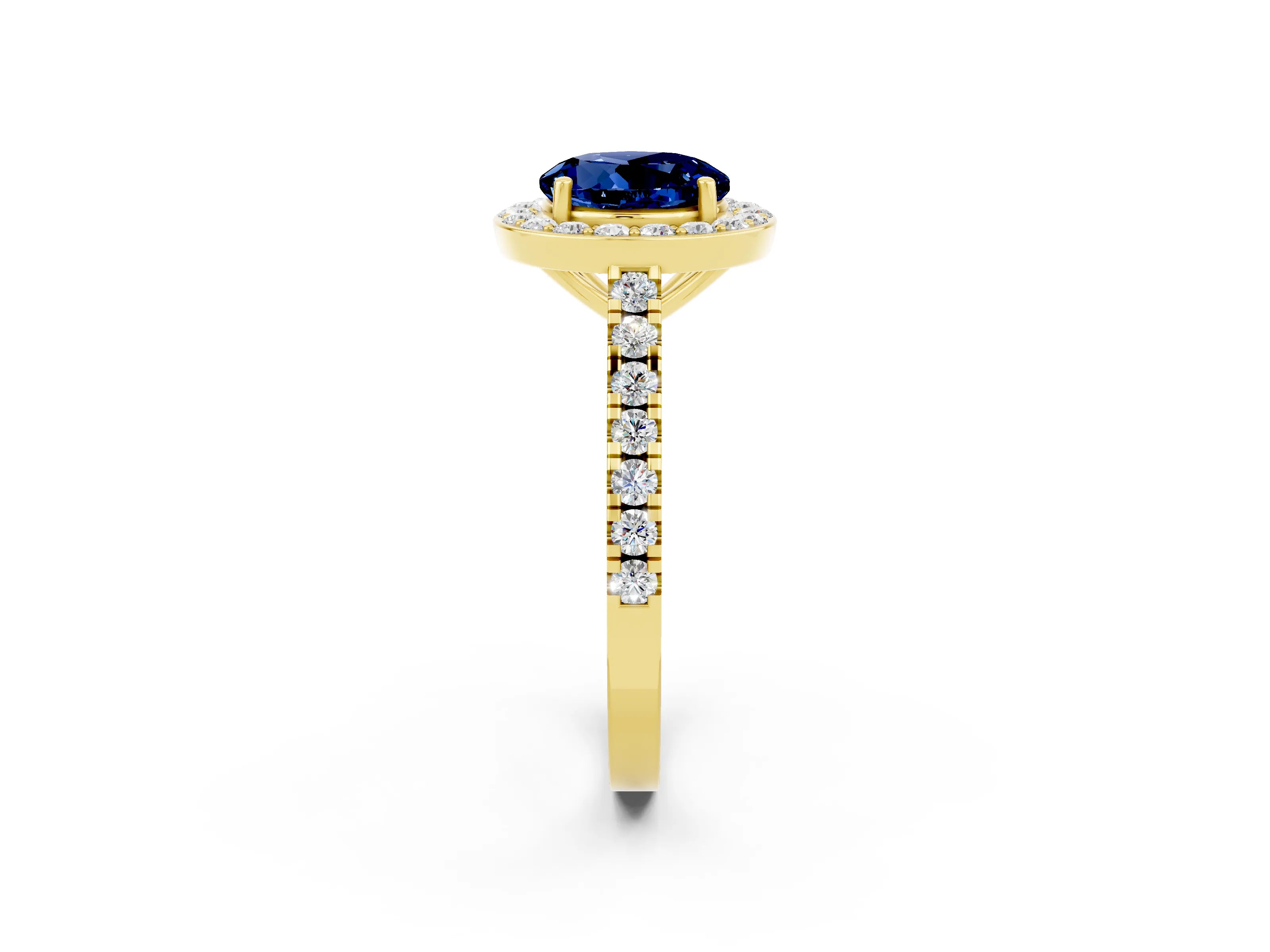 Yellow gold Round Cut Halo Diamond Ring with Pavé Band and Three-Prong Setting_2