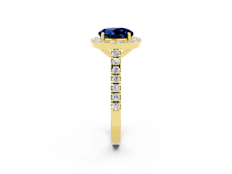 Yellow gold Round Cut Halo Diamond Ring with Pavé Band and Three-Prong Setting_2