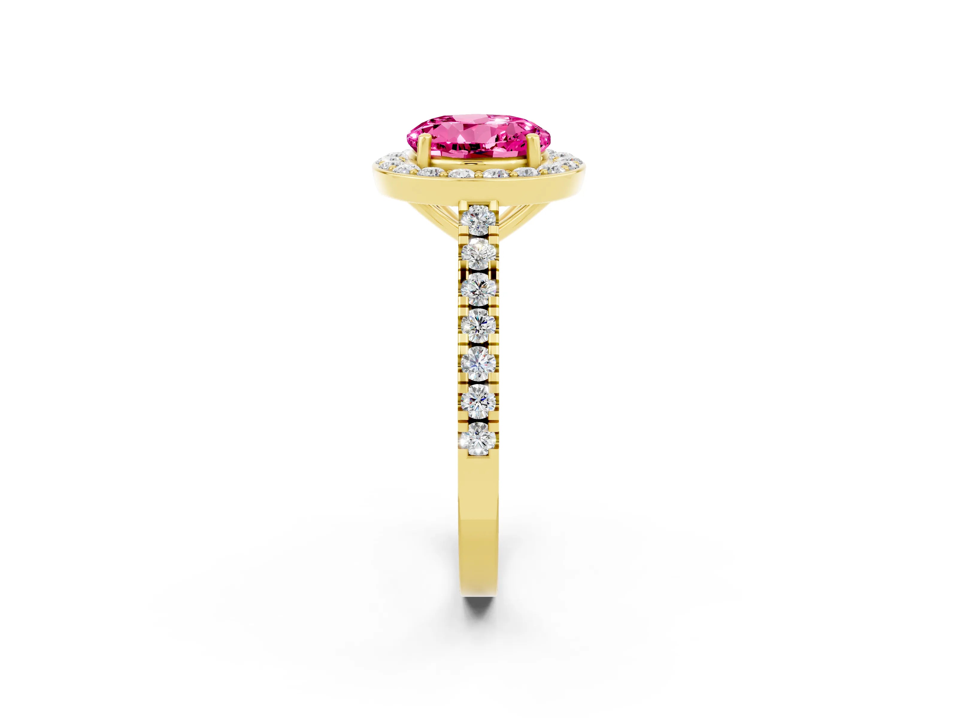 Yellow gold Round Cut Halo Diamond Ring with Pavé Band and Three-Prong Setting_2
