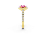 Yellow gold Round Cut Halo Diamond Ring with Pavé Band and Three-Prong Setting_2